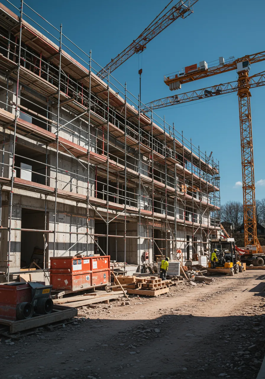 img nosotros 3 "Imagen realista de un sitio de construcción moderno con un edificio residencial en construcción, grúas y trabajadores, que representa compromiso y excelencia en la edificación."