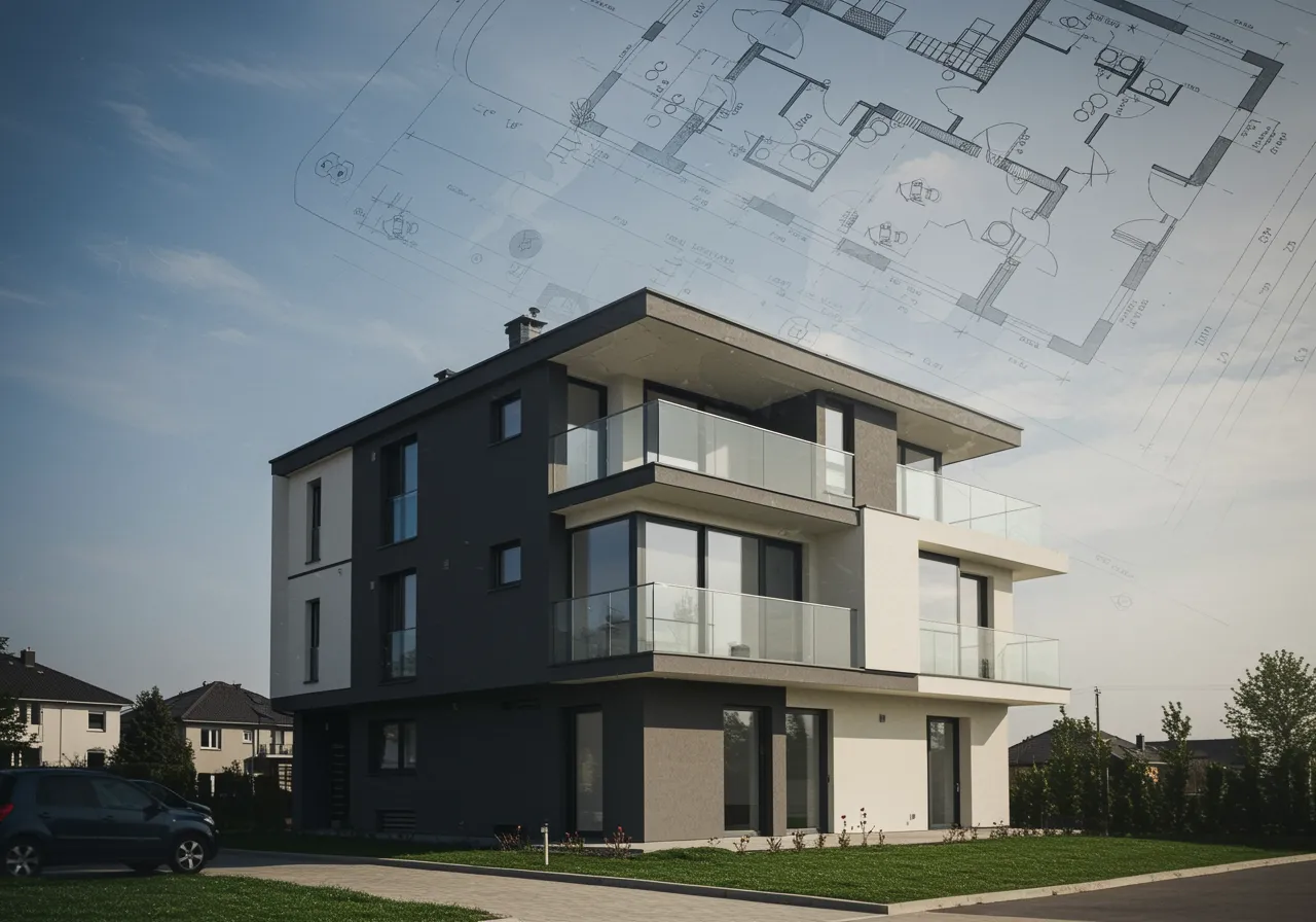 img seccion diferencia "Imagen de un proyecto de construcción impecable con un plano arquitectónico detallado superpuesto a una moderna estructura residencial, destacando la tecnología avanzada y el trabajo en equipo para garantizar calidad excepcional."