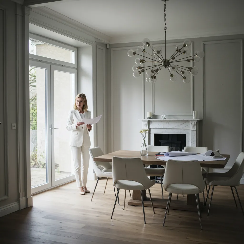 img seccion serviciosRecurso 9 100 "Interiores de casa renovada con diseño elegante y contemporáneo, mostrando a un diseñador discutiendo planes en un espacio luminoso y estilizado."
