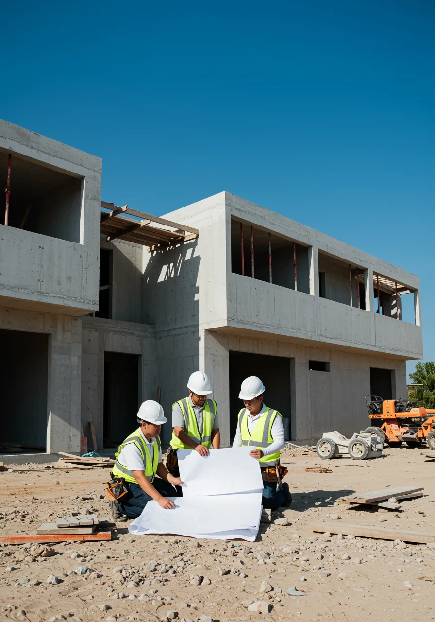 interior 1 2 "Construcción residencial moderna en progreso con trabajadores revisando planos arquitectónicos bajo un cielo azul, simbolizando confianza e innovación en el desarrollo de hogares."