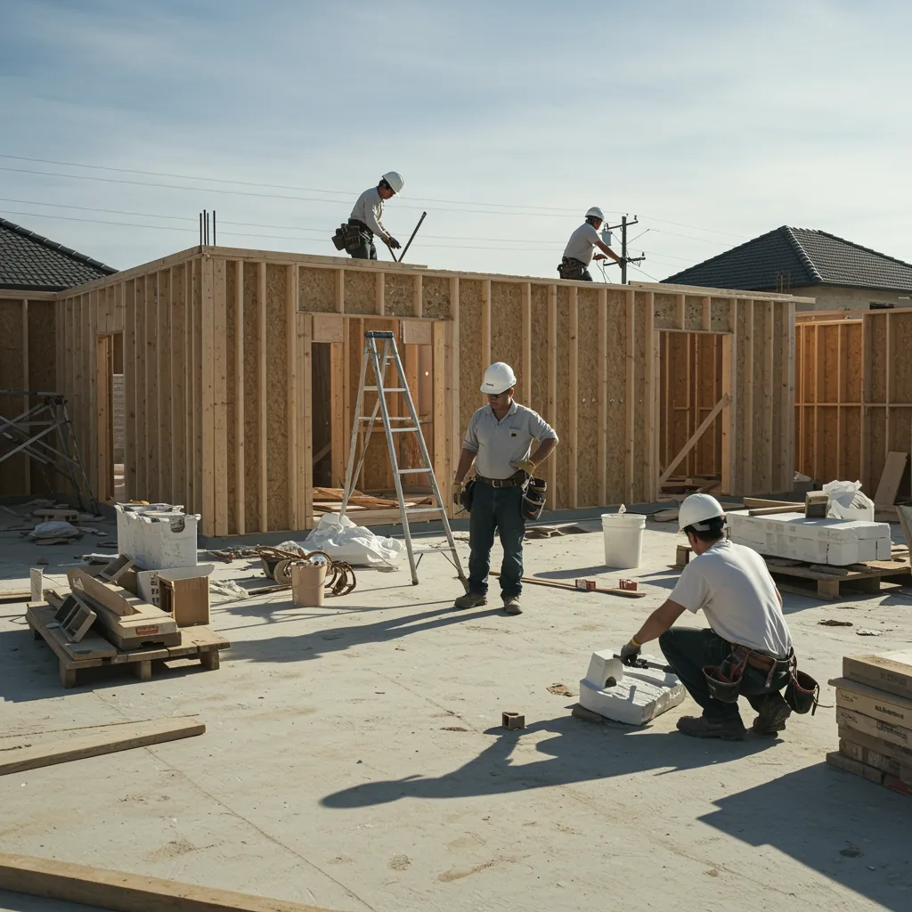 proyecto 1 "Sitio de construcción residencial en activo con trabajadores en equipo, destacando técnicas modernas y seguridad en la edificación de viviendas."