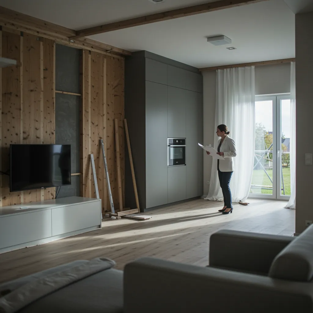 proyecto 2 "Renovación moderna de un hogar contemporáneo con diseño sofisticado y un consultor de interiores evaluando el espacio."