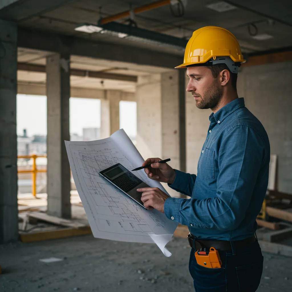 proyecto 3 "Gerente de proyecto en un bullicioso sitio de construcción, revisando planos con herramientas digitales, simbolizando la supervisión experta en renovaciones de edificios modernos."
