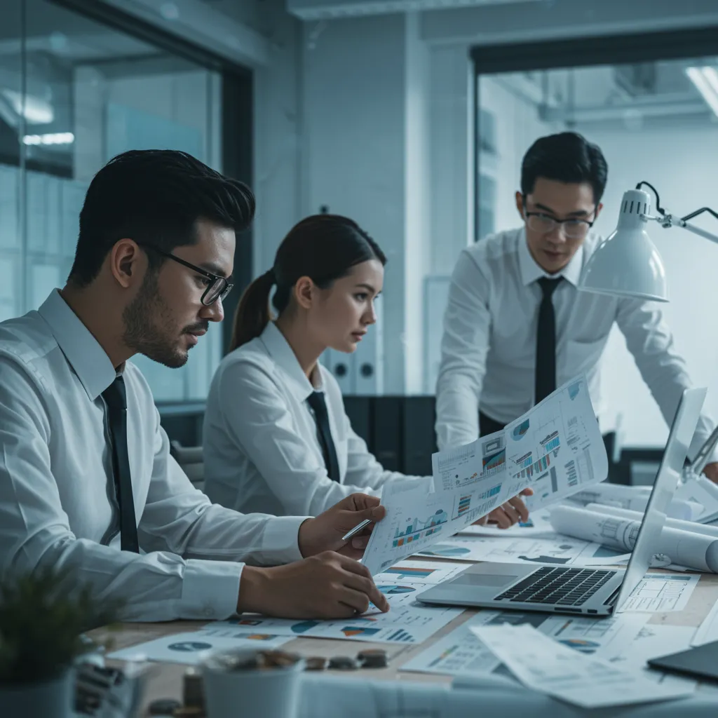 proyecto 4 "Profesionales analizando carteras de inversión digital en una oficina moderna, fusionando finanzas e innovación arquitectónica en la gestión de proyectos de construcción."