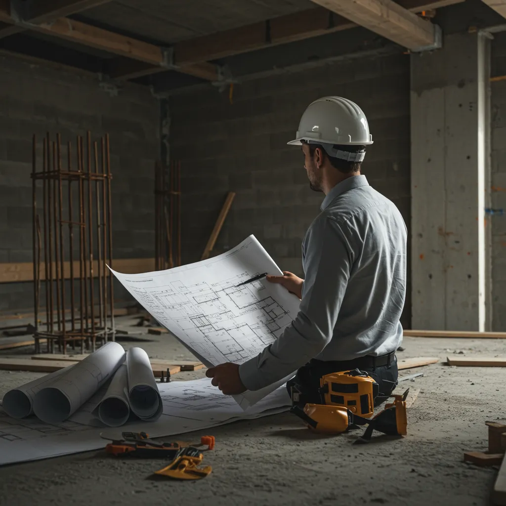 servicio arquitectura legal 2 "Gerente de construcción revisando planos técnicos en una obra, destacando la supervisión meticulosa y la gestión profesional de proyectos."