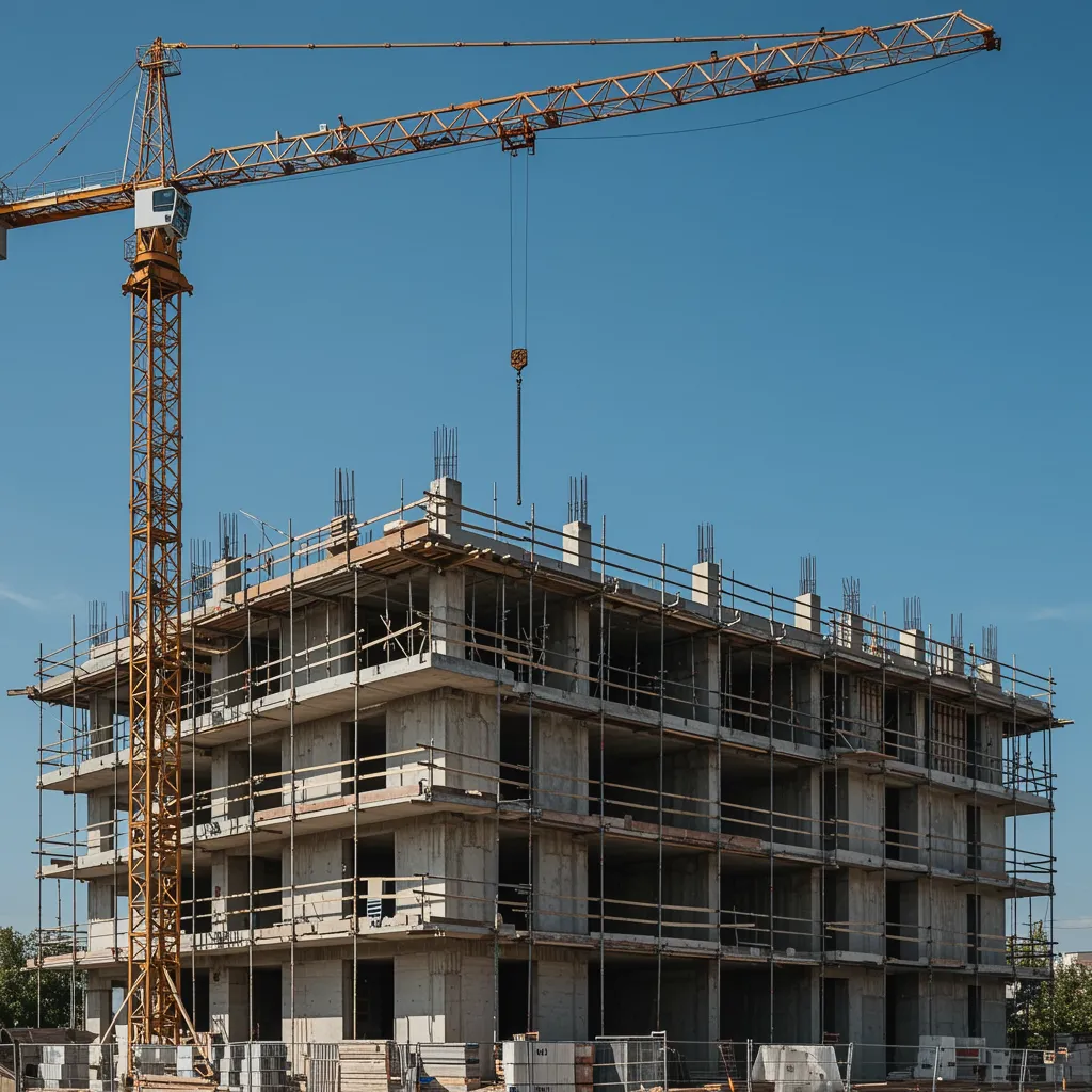 servicio edificacion 2 "Imagen de alta resolución de un moderno proyecto de construcción residencial en progreso, con grúas y andamios bajo un cielo azul, que muestra la calidad y profesionalismo en la edificación de casas soñadas."
