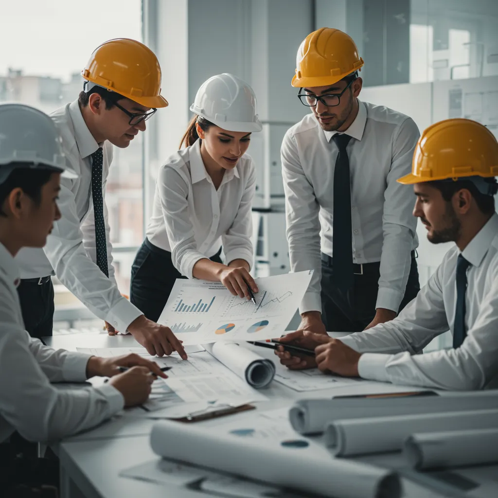 servicio urbanismo 2 "Equipo de profesionales de negocios discutiendo planos y gráficos financieros en una oficina moderna, reflejando experiencia en gestión de inversiones para proyectos de construcción."